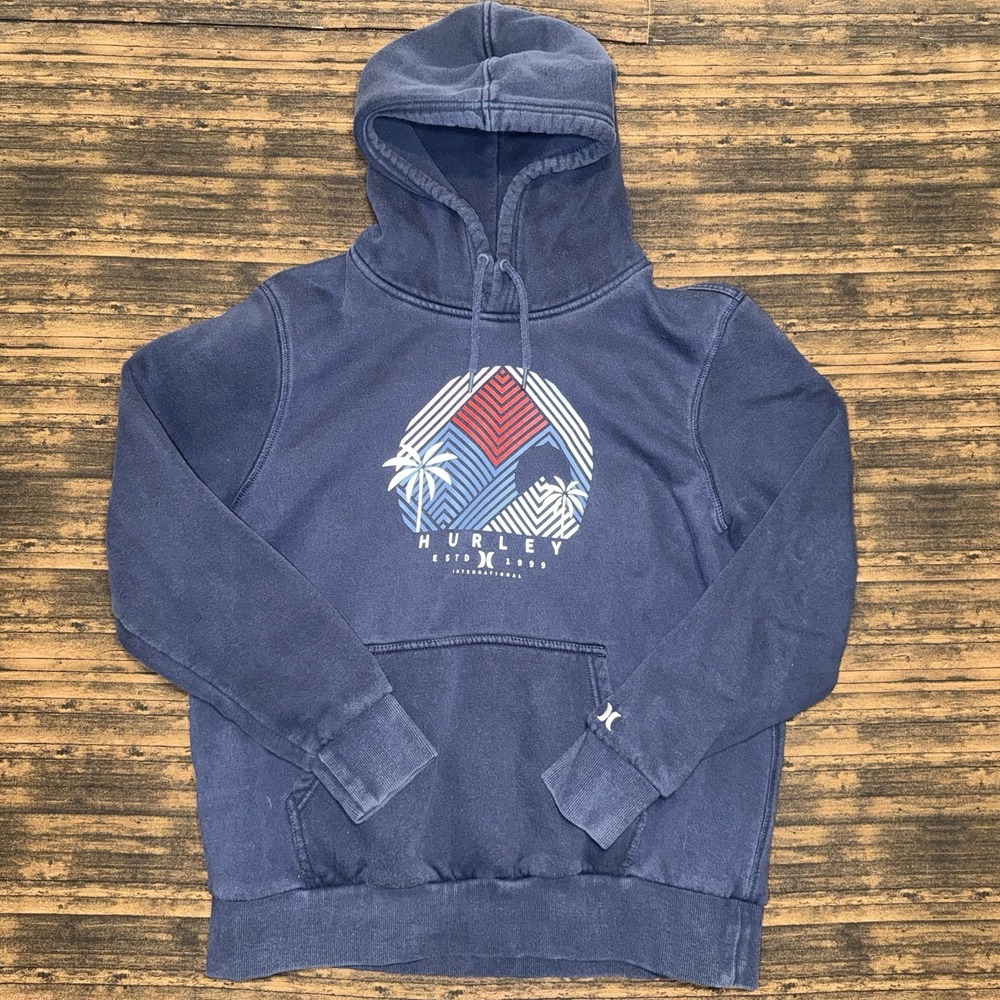 Hurley Men's Navy Pullover Hoodie Graphic Print Logo Kangaroo Pocket Drawstring